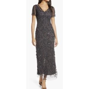 NWT Pisarro Nights Beaded Short Mesh Sheath Dress Slate Gray Size 8